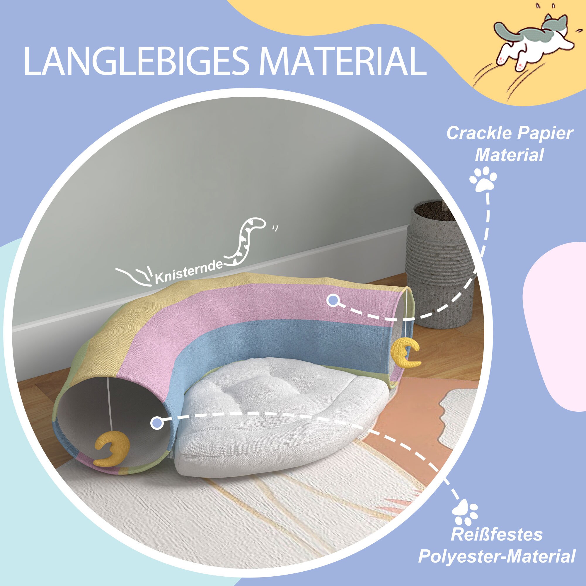 PawHut Katzentunnel mit Spielzeug bunt 105L x 65B x 28H cm