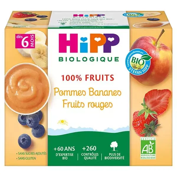 Hipp Orgânico 100% Frutas em Copo com Maçãs, Bananas e Frutos Vermelhos +6m 4 x 100g