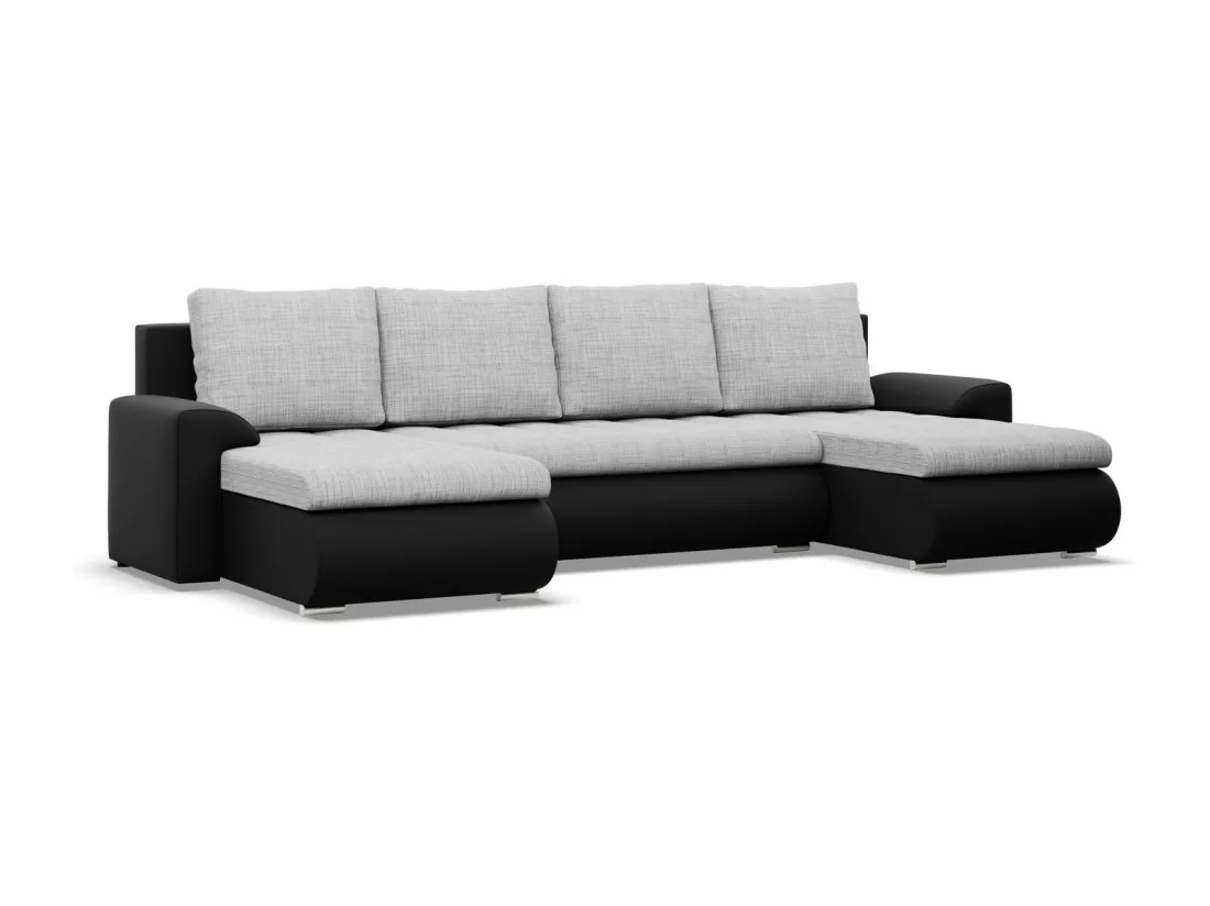 Canapé d'angle en U avec fonction sommeil, 2 méridiennes, Gris + Noir