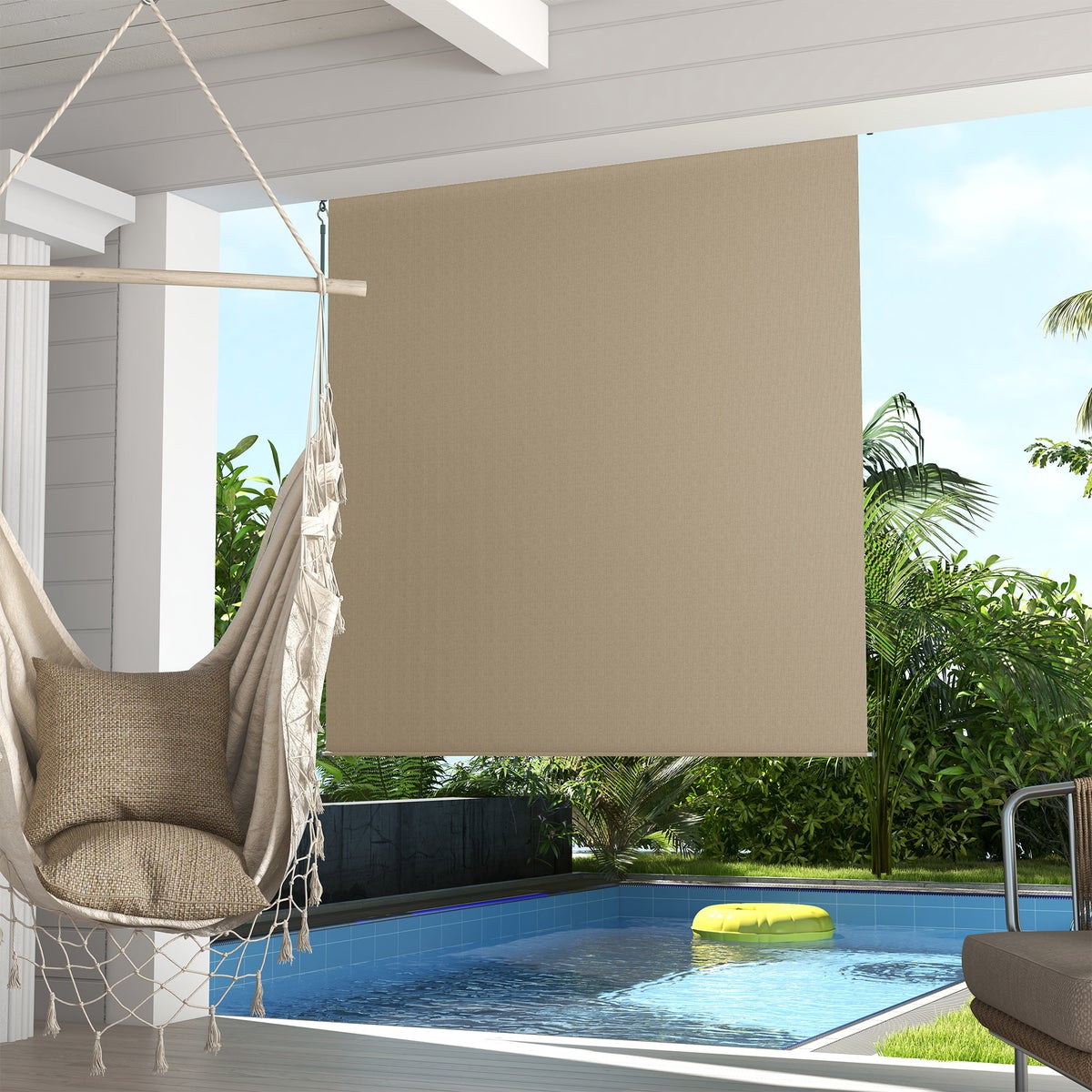 Outsunny verticale zonwering, balkonrolgordijn met handzwengel voor paviljoen, tuin, 183 x 185 cm, HDPE, aluminium, beige