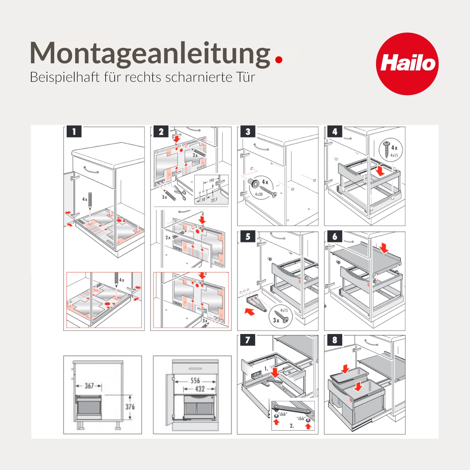 Hailo Abfallsammler 3644801 | 30L Einbau-Mülleimer mit 2-fach Trennung | Raumspar Tandem System für 60cm Unterschrank | Abfalleimer mit Ausfahrautomatik | Mülltrennsystem für Einbauküchen | Hellgrau