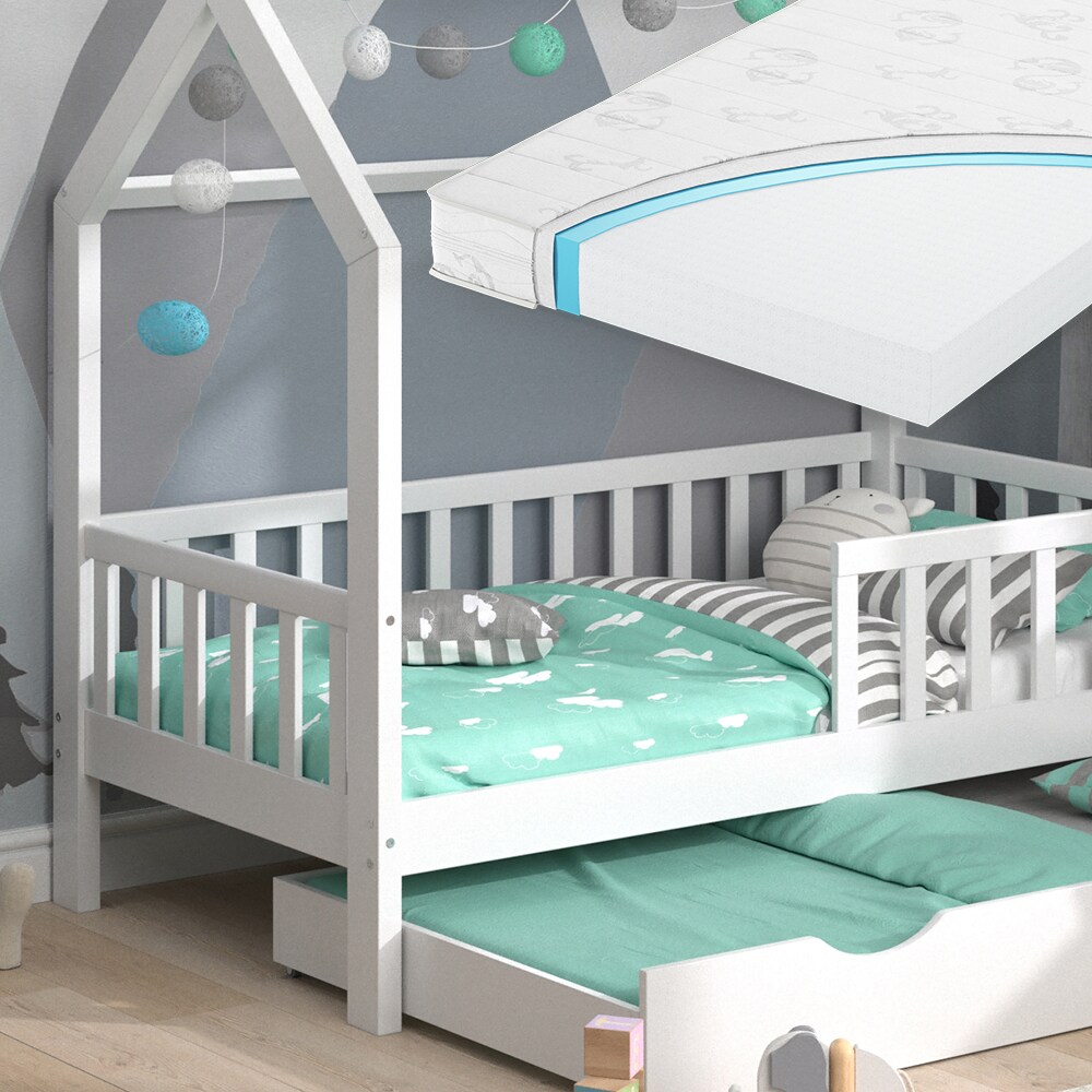 VitaliSpa Kinderbett Hausbett Gästebett Wiki Weiß 80x160cm Schublade Matratze