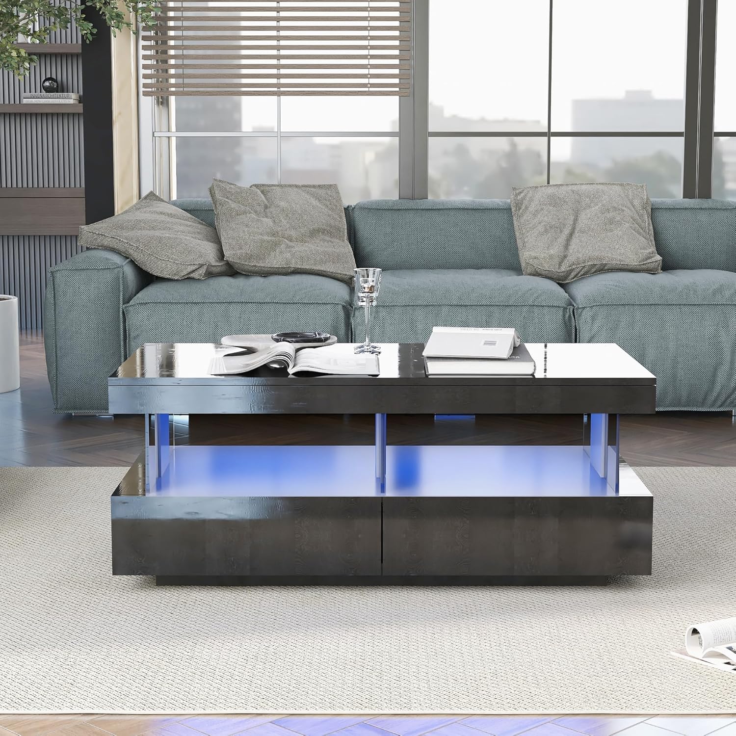 okwish Couchtisch für Wohnzimmer Holztisch Moderner Sofatisch, Schwarz Glanz Kaffeetisch mit LED-Leuchten und 2 Schubladen Lagerung für Zuhause 100 * 60 * 49.5cm