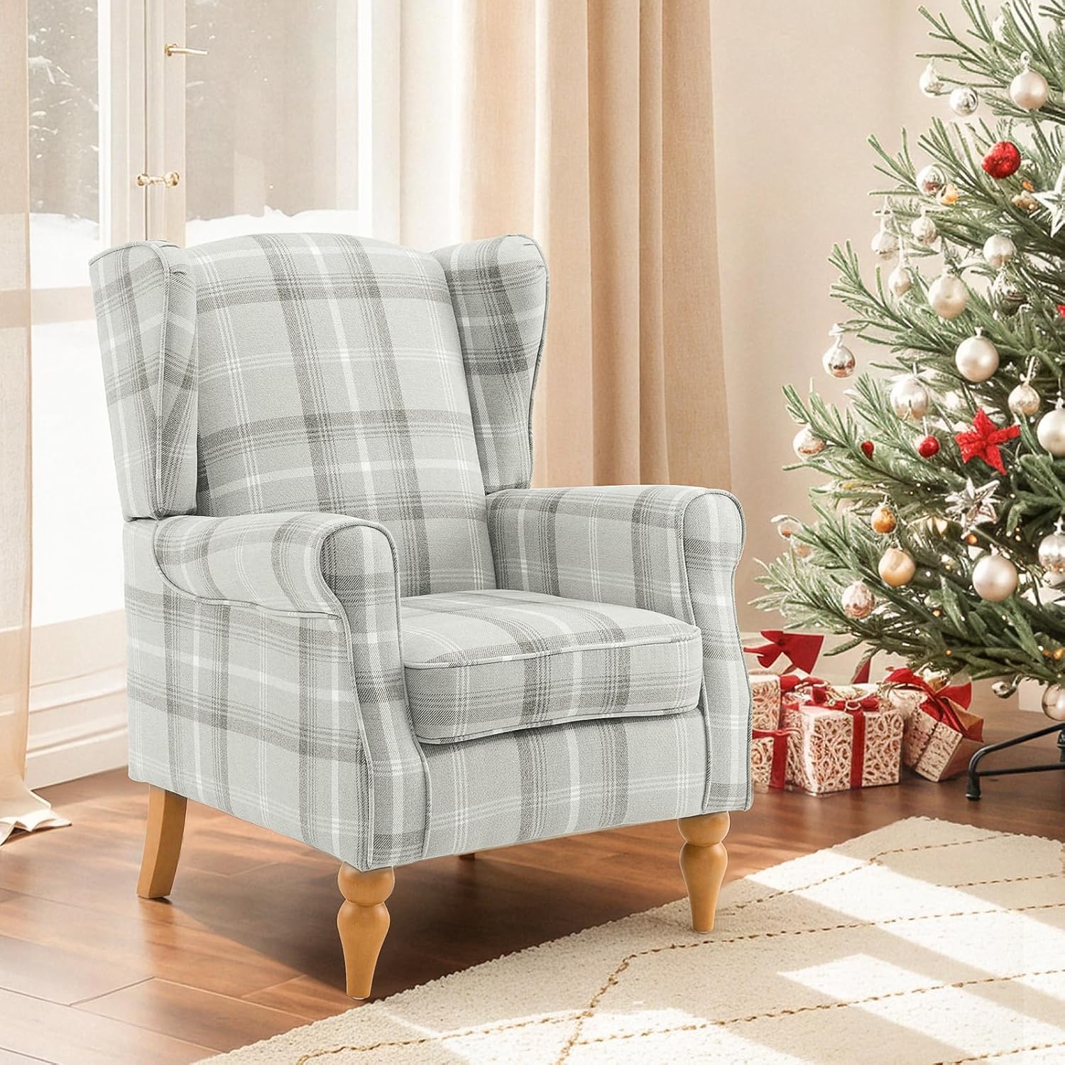 Ohrensessel, Vintage Sessel mit Holzfüße, gepolsterte Relaxsessel, Einzelsessel für Wohnzimmer, Schlafzimmer, Leinen