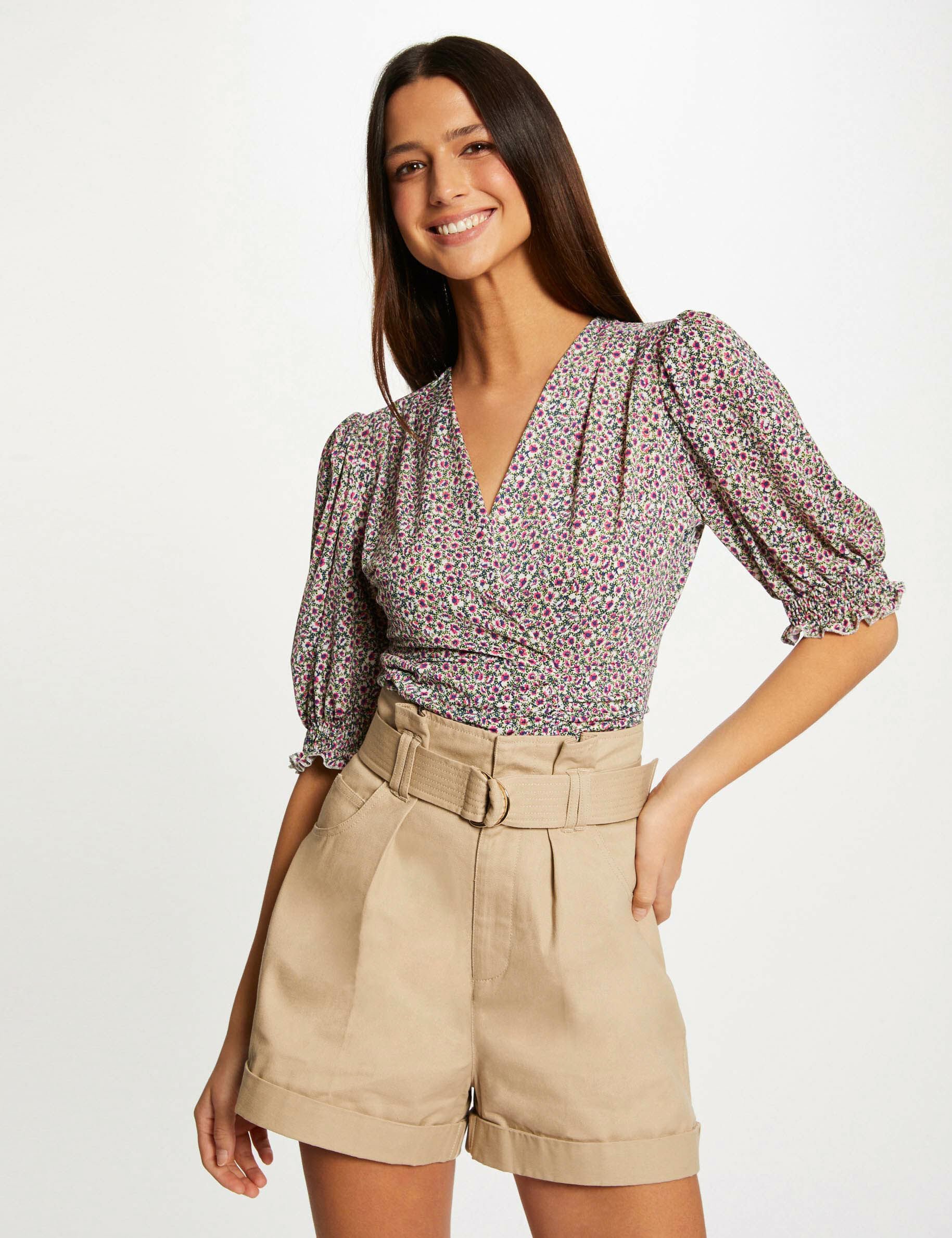 T-shirt manches 3/4 imprimé floral multico femme - multico