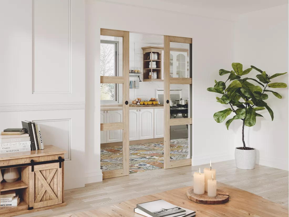 Porte coulissante double avec système à galandage en bois et verre trempé - 3 fenêtres - 2 x H205 x L83 cm - ACOSTA II