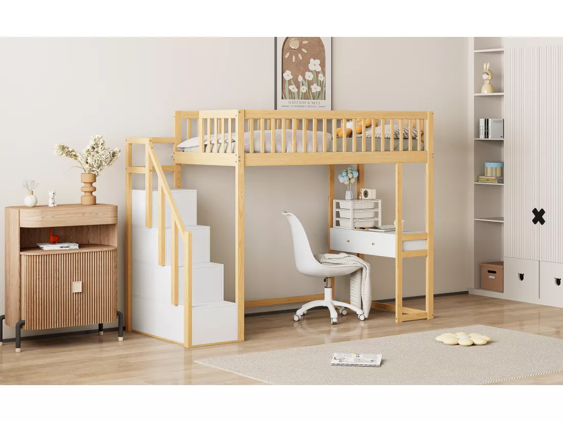 Lit mezzanine 90 x 200 cm avec avec bureau & 6 tiroirs - bois MDF - blanc + naturel (sans matelas)