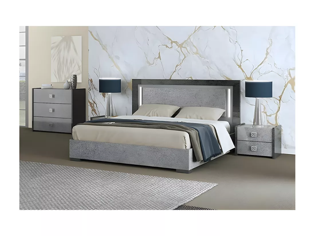 HYDE - Chambre 140x190cm Gris Effet Pierre avec Leds