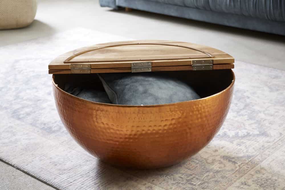 Runder Couchtisch ORIENT STORAGE 60cm kupfer Hammerschlag handmade Akazienholz mit Stauraum
