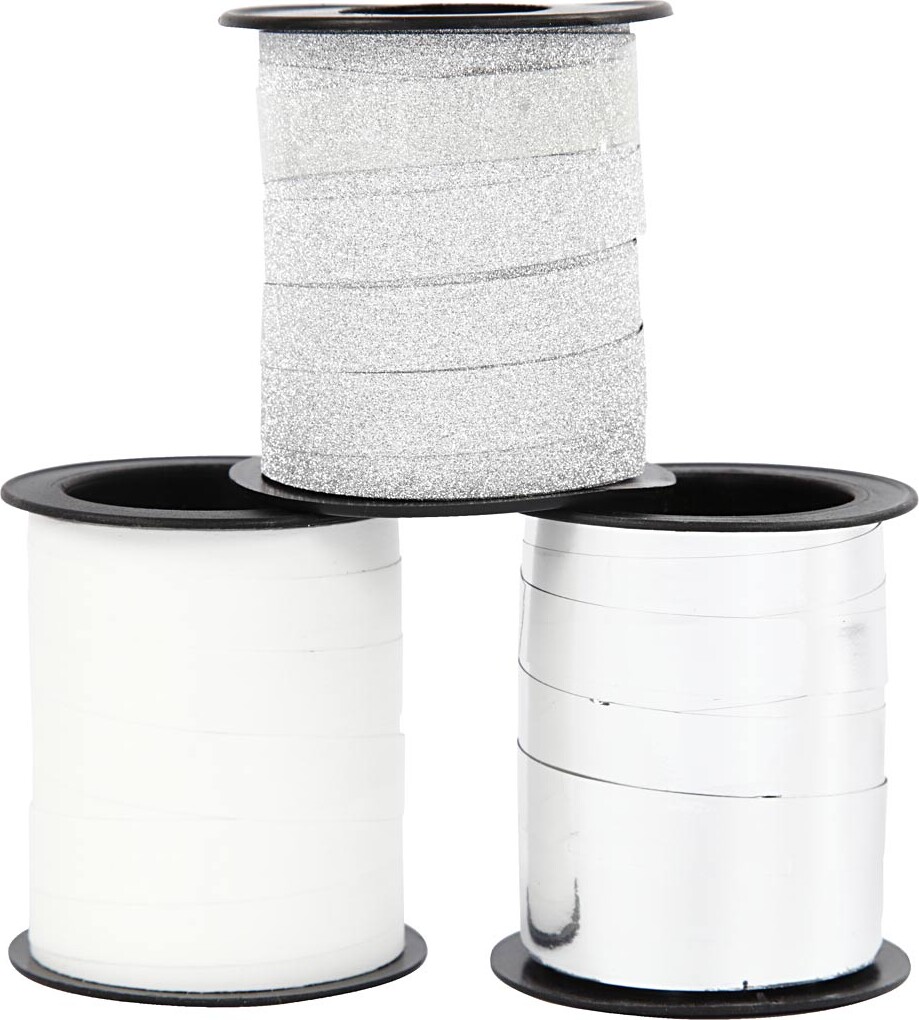 Gavebånd - Sølv Glitter - Sølv - Hvid - B 10 MM - 3X15 M