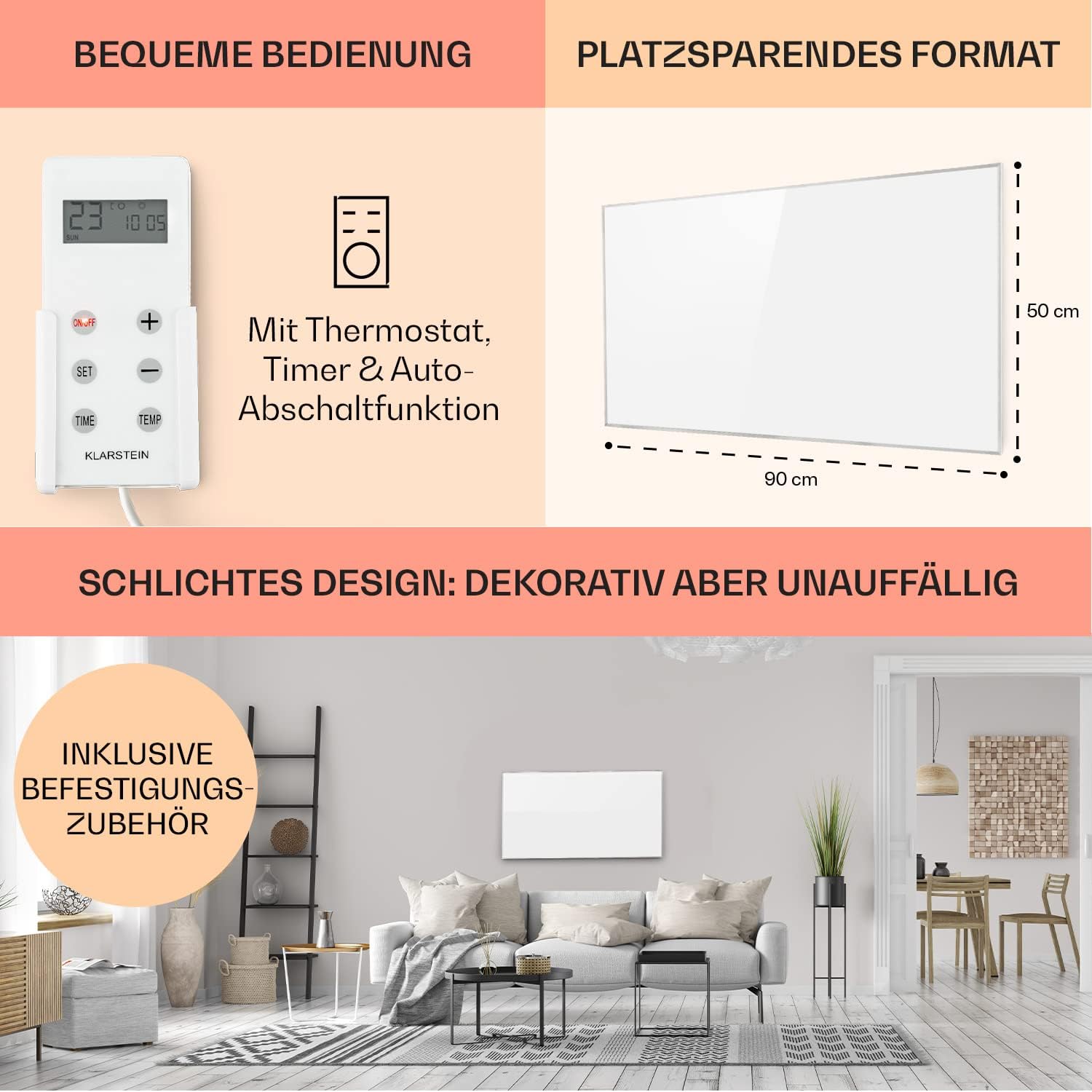 Klarstein Infrarotheizung mit Thermostat, 450W Elektroheizung, Infrarotheizung zur Wandmontage, IR mit Erkennung Offener Fenster, CO2-Freier Feuchtraum Flach-Heizkörper, Sparsame Elektro Wand Heizung