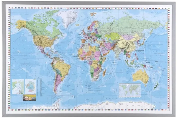 Plakat Verdenskort 90x60 cm (indrammet) - engelsk tekst