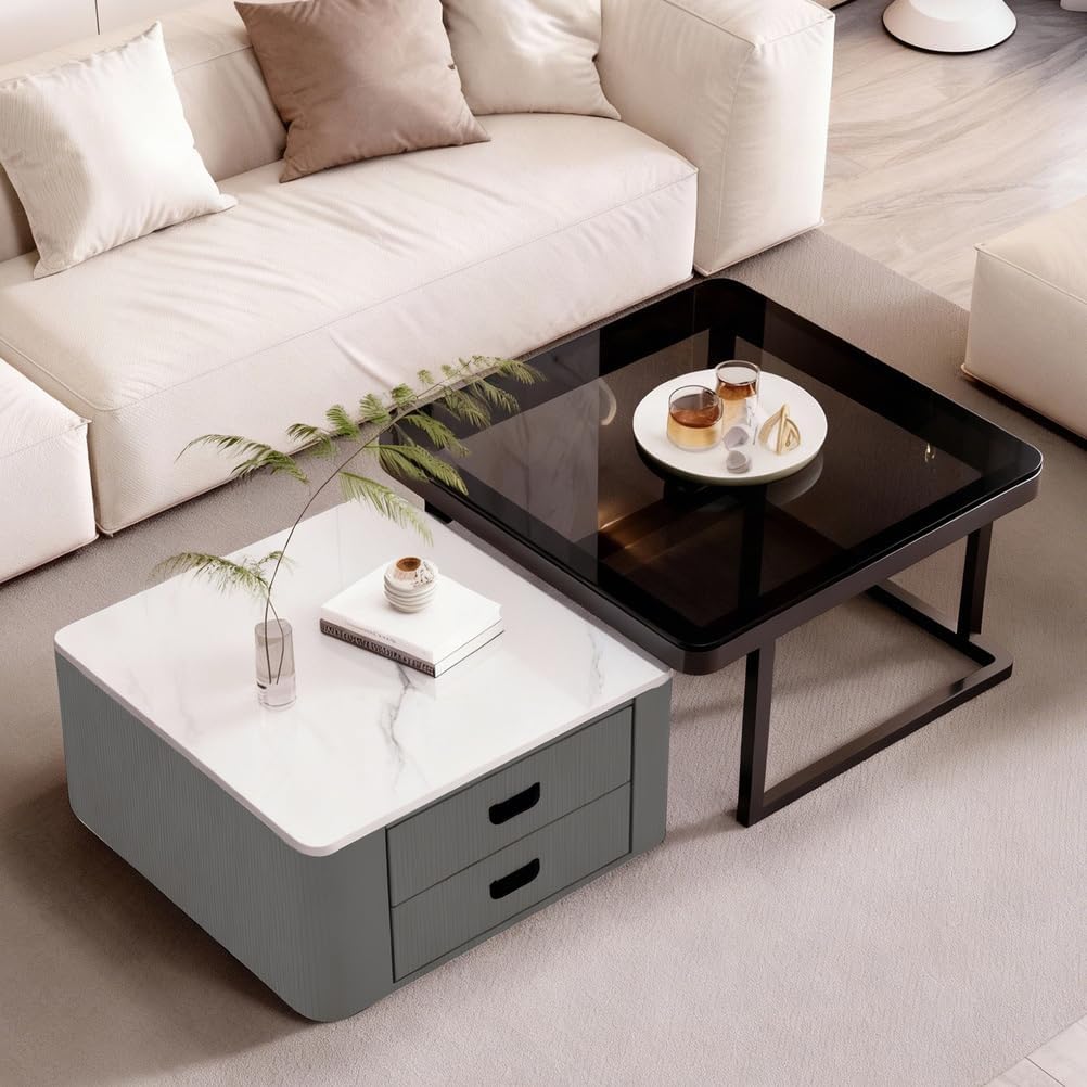 Couchtisch 2er Set, Weiße Marmor Satztisch mit Schubladen, Beistelltisch mit Metallrahmen und Glas, Platzsparender Moderne Sofatische für Schlafzimmer Wohnzimmer Balkon Wohnung,Quadratisch Grau