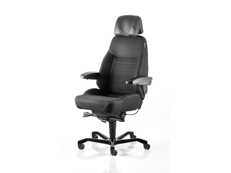 Kontorstol KAB Seating Executive, White-Line Sort tekstil fighter inkl. armlæn og nakkestøtte i sort skind