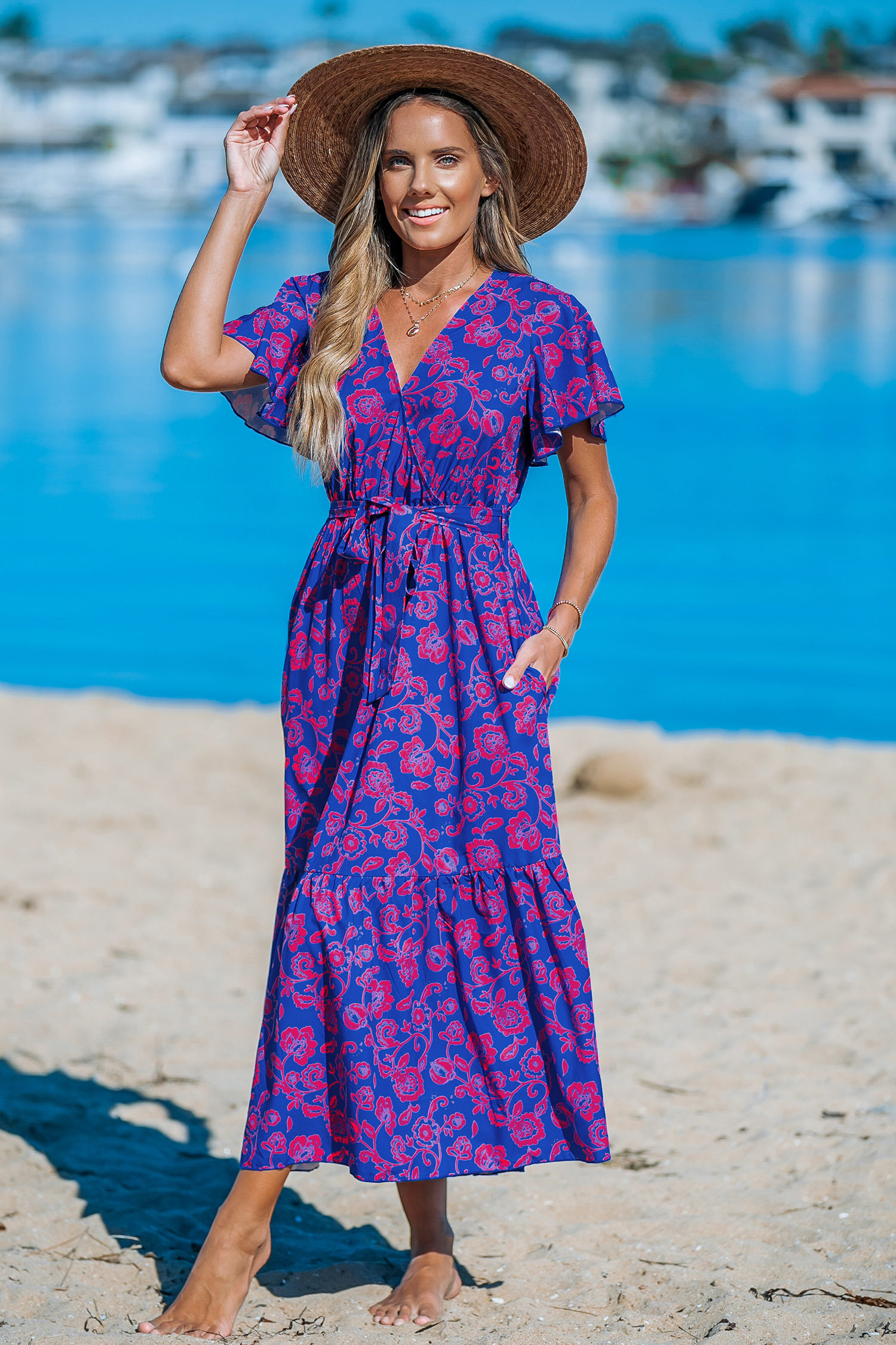Robe maxi en dentelle à col en V et imprimé floral