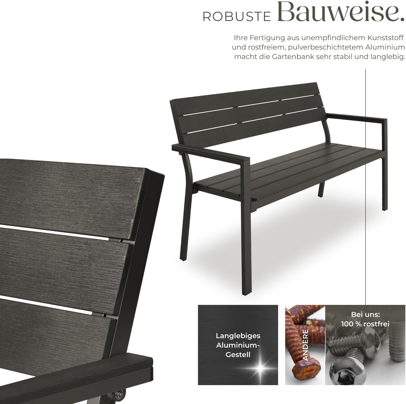tectake® Gartenbank, Bank in Holzoptik, Parkbank als Gartenmöbel, Balkonbank Sitzbank für Wintergarten, Terrasse, Garten bis 250 kg belastbar, 2-Sitzer Parkbank, 128 x 59 x 88 cm - dunkelgrau