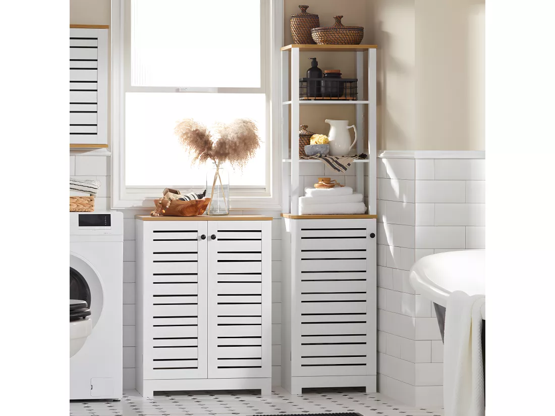 Meuble Bas Placard De Rangement Armoire Meuble De Salle De Bain Avec 2 Portes Persiennes, BZr41-w