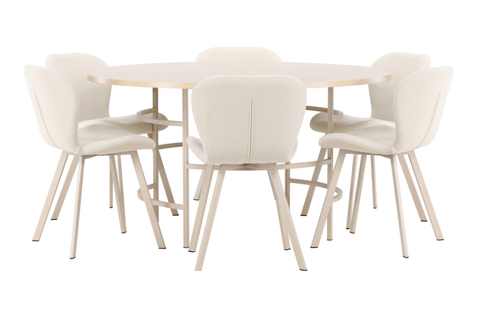 Copenhagen og Lilja Spisegruppe Copenhagen rundt spisebord Ø140 cm i hvit polert med 6 stk. Lilja spisestoler i Beige spisestoler og hvite ben.