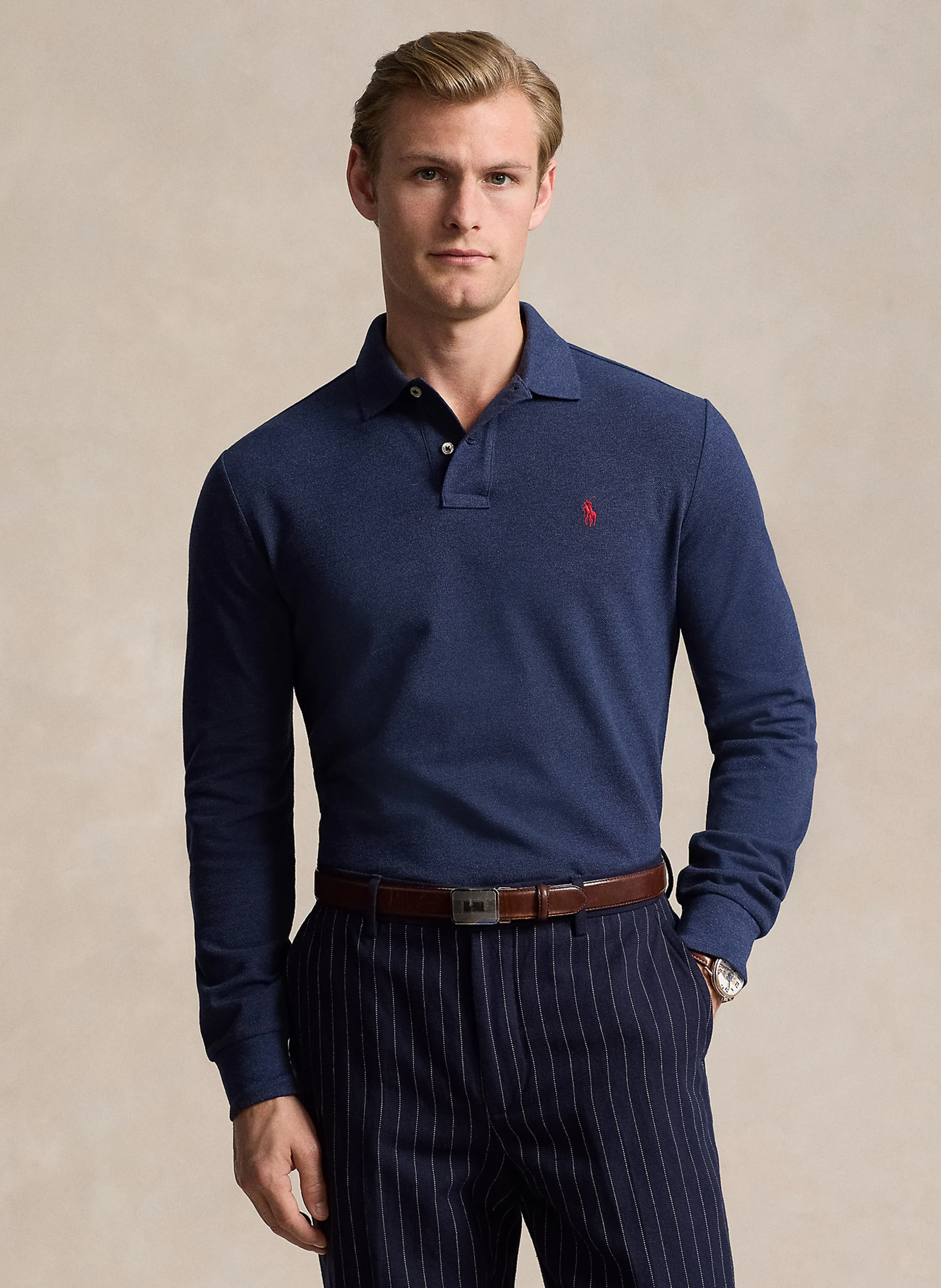 Polo manches longues regular-fit en piqué de coton | Bleu