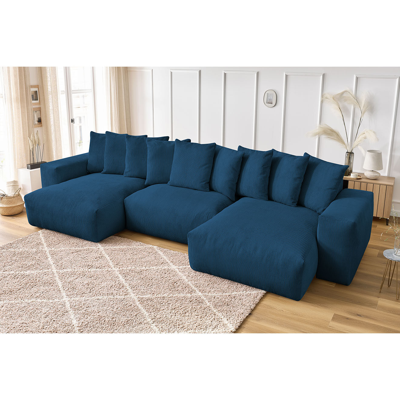 Bobochic Canapé panoramique fixe ultra moelleux voltaire velours côtelé bleu foncé - 420x174x75 cm
