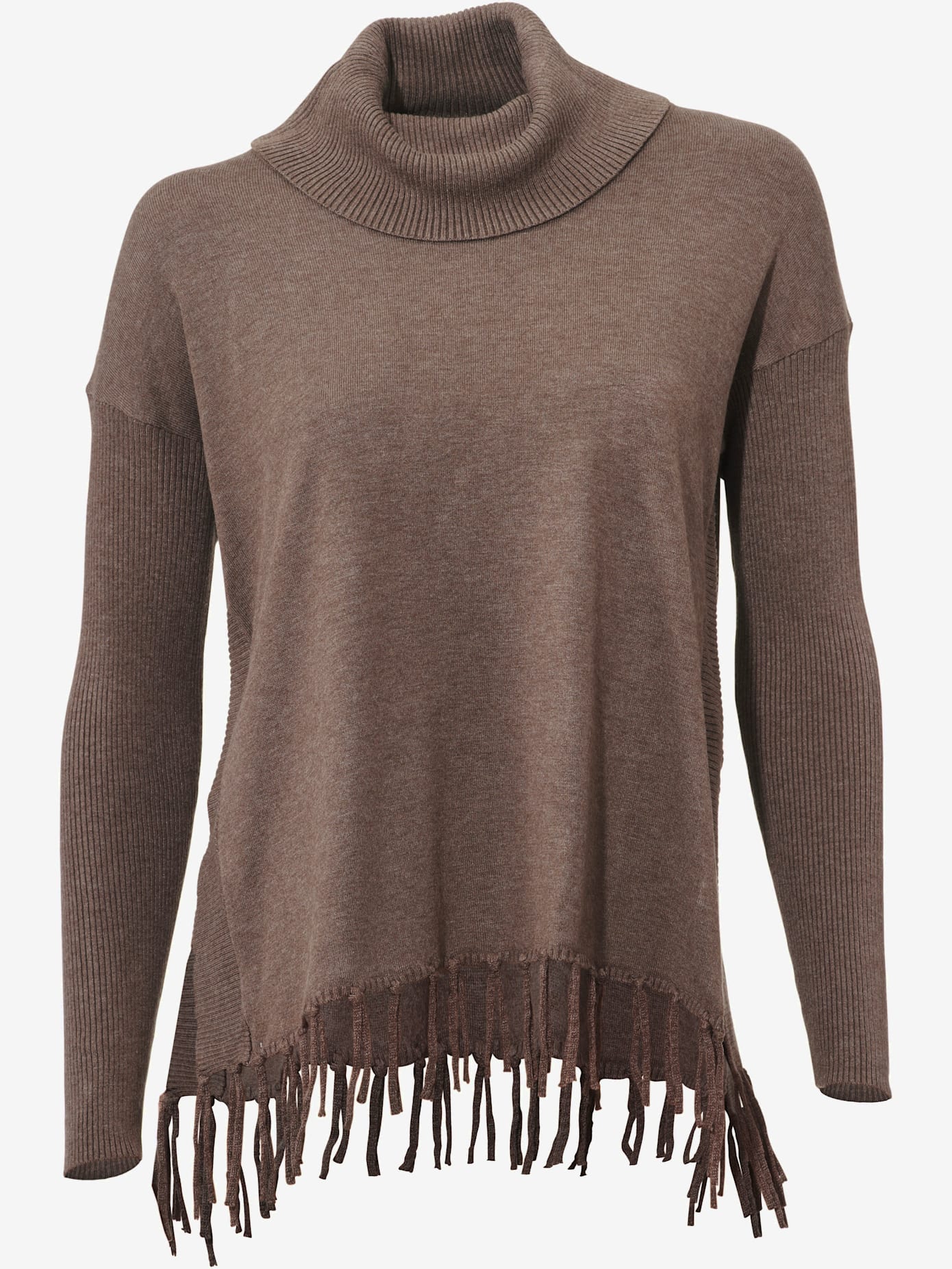 Pull col roulé style poncho tendance avec franges