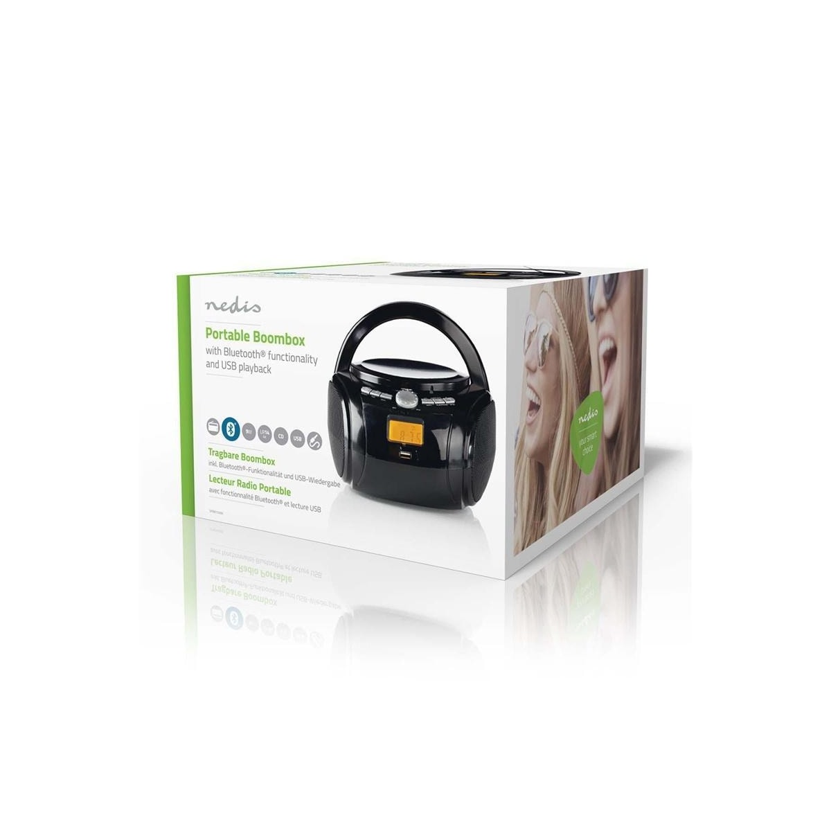 Nedis CD-spiller Boombox | Batteri drevet / Nettstrøm drevet | Stereo | 9 W | Bluetooth® | FM | USB-avspilling | Bære håndtak | Sort