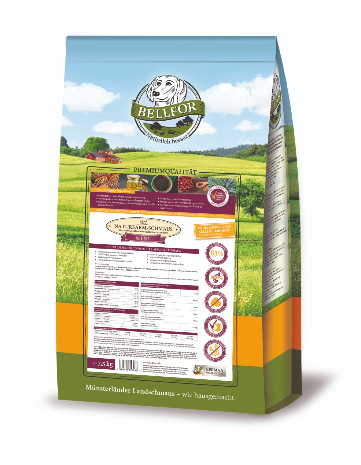 Nourriture sèche sans céréales pour chiens avec insectes - naturfarm-schmaus mini 7,5 kg