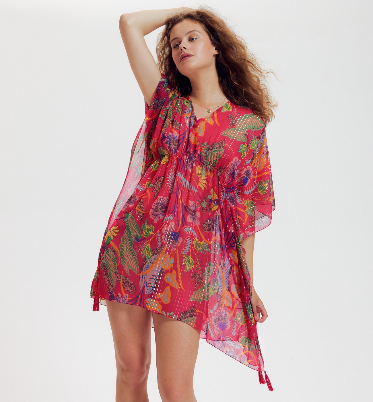 Tunique caftan en voile Femme - Imprimé rose
