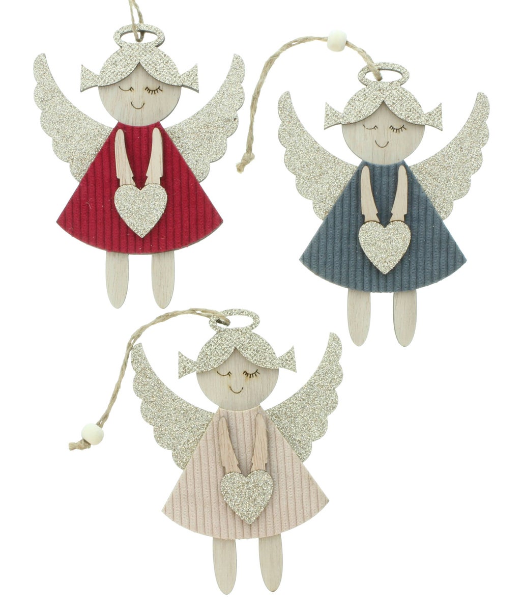 FRANK FLECHTWAREN | Hangende engelen, set van 6, H: 10 cm, H: 13 cm, HOUT, KOORD