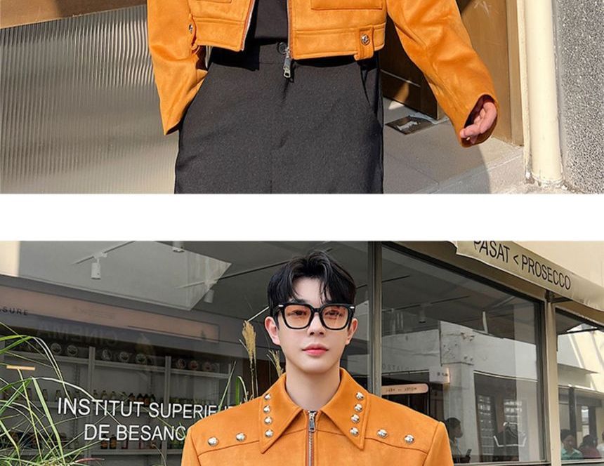 Freehop - Effen cropped jack met kraag en studs