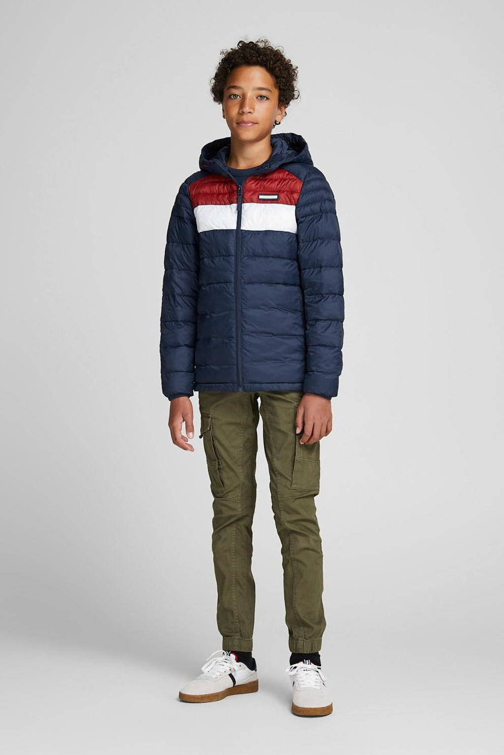 JACK & JONES gewatteerde tussenjas JJEACE donkerblauw/rood/wit
