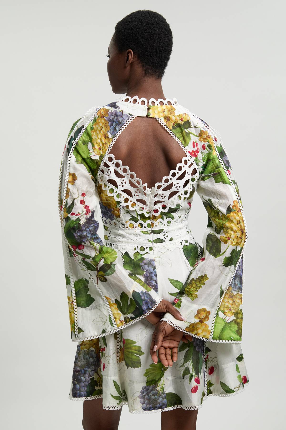 KarenMillen Robe Mini Tissée À Manches Longues Avec Imprimé Fruits Et Détails De Ruban