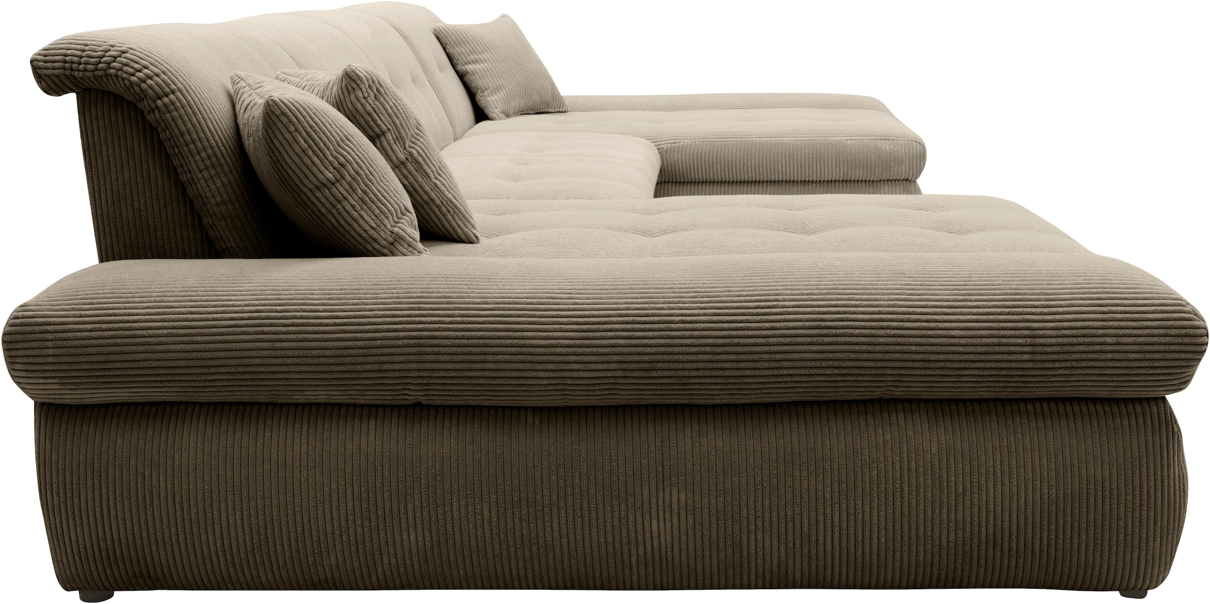 DOMO collection Wohnlandschaft »Moric wahlweise mit Bettfunktion und Armteilverstellung, XXL« U-Form, beidseitig mit Recamiere, incl. Zierkissen, Cord-Bezug