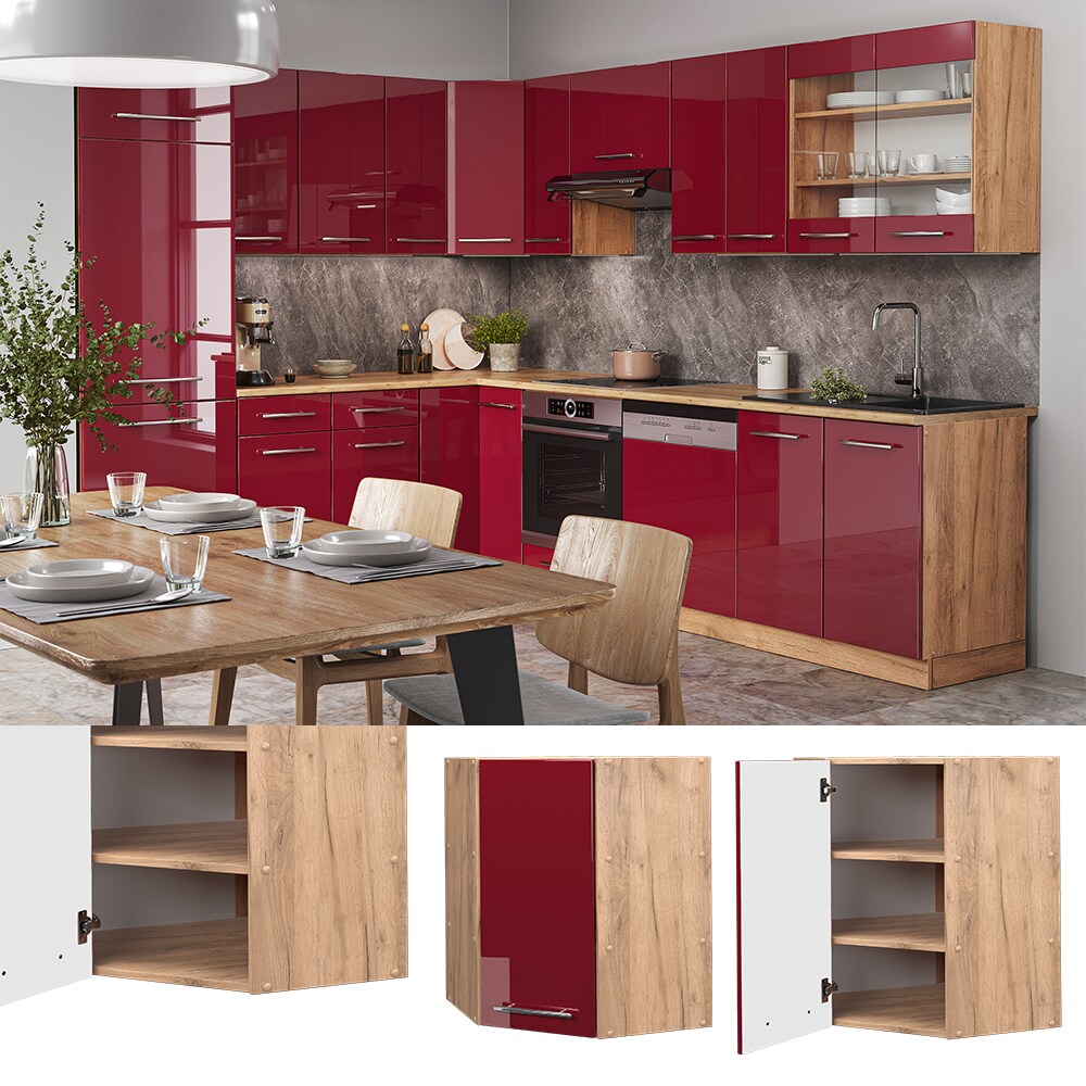 Vicco Eckhängeschrank Küchenschrank Küchenmöbel Fame-Line Eiche Rot Bordeaux modern 57 cm Küche Einbauküche Eckküche Hängeschrank Drehtür Einlegeboden Küchenzeile Hochglanz