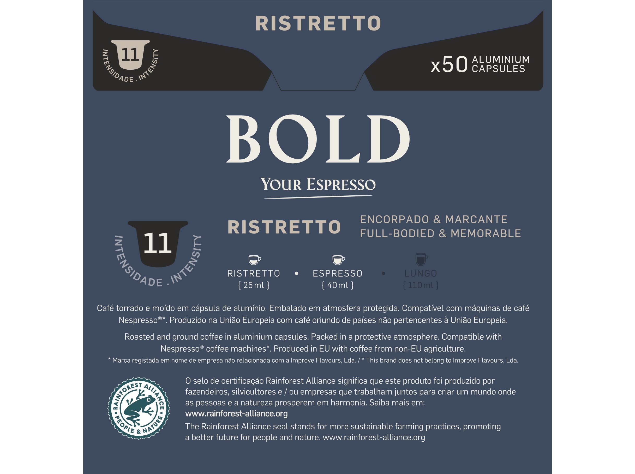 CÁPSULAS CAFÉ BOLD ALUMINIO COMPATÍVEL COM NESPRESSO RISTRETTO 50 UN