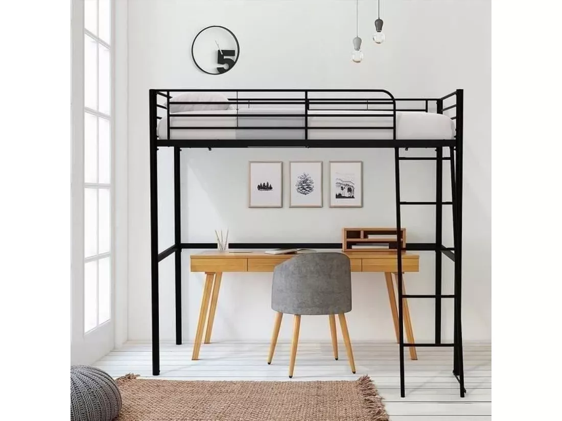 Lit mezzanine enfant ELIOT en métal noir 90 x 190 cm avec sommier inclus
