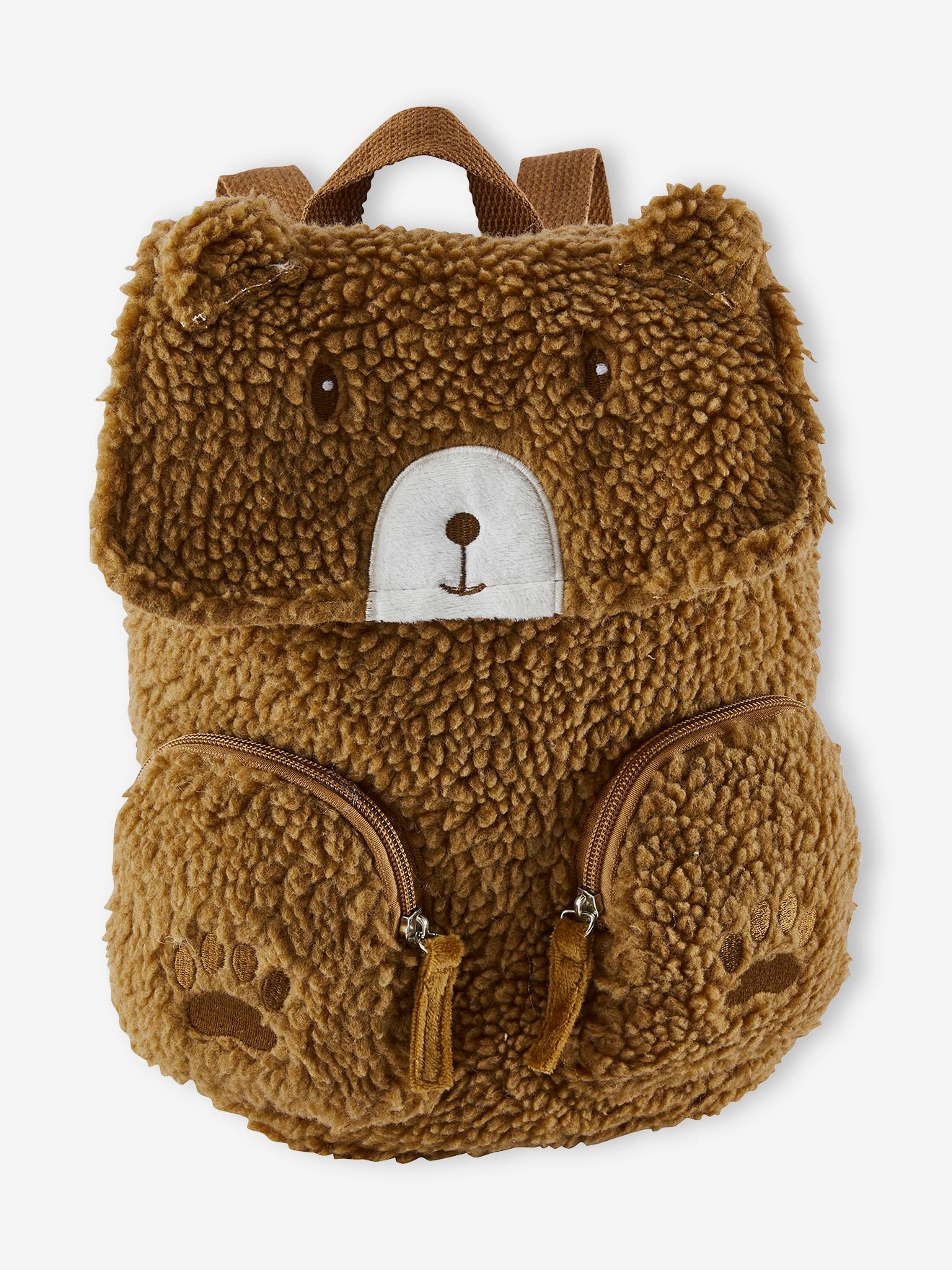 Mochila marrom média lisa com estampa de urso.