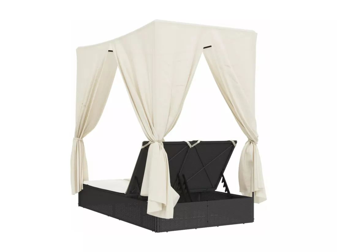 Chaise longue double avec toit et rideaux noir résine tressée