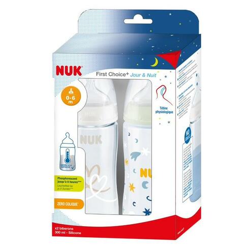 Lot de 2 biberons First Choice + TC 300ml Silicone 0-6m M Jour/Nuit - NUK