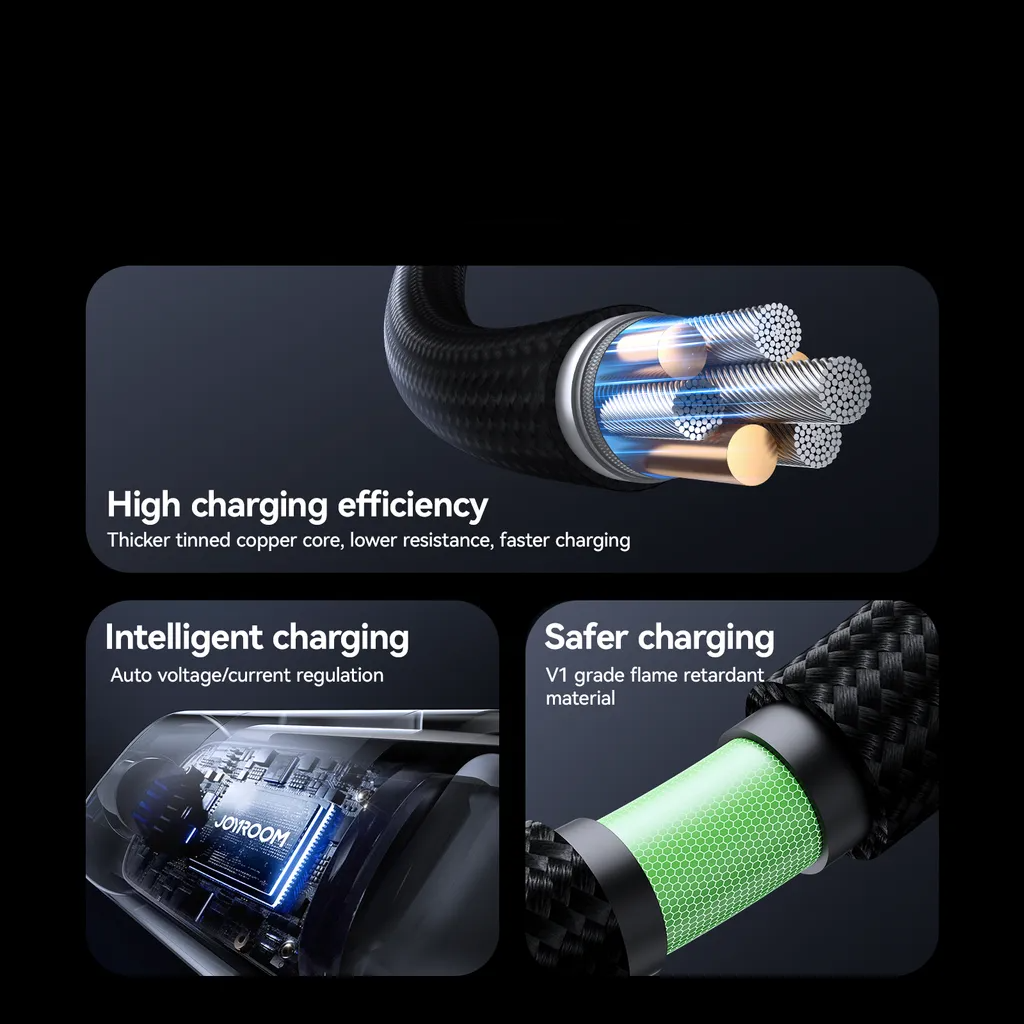 (1.2m) 66W USB A auf USB C Nylon Ladekabel Fast Charging PD Datenkabel mit Spannungs Anzeige - Schwarz