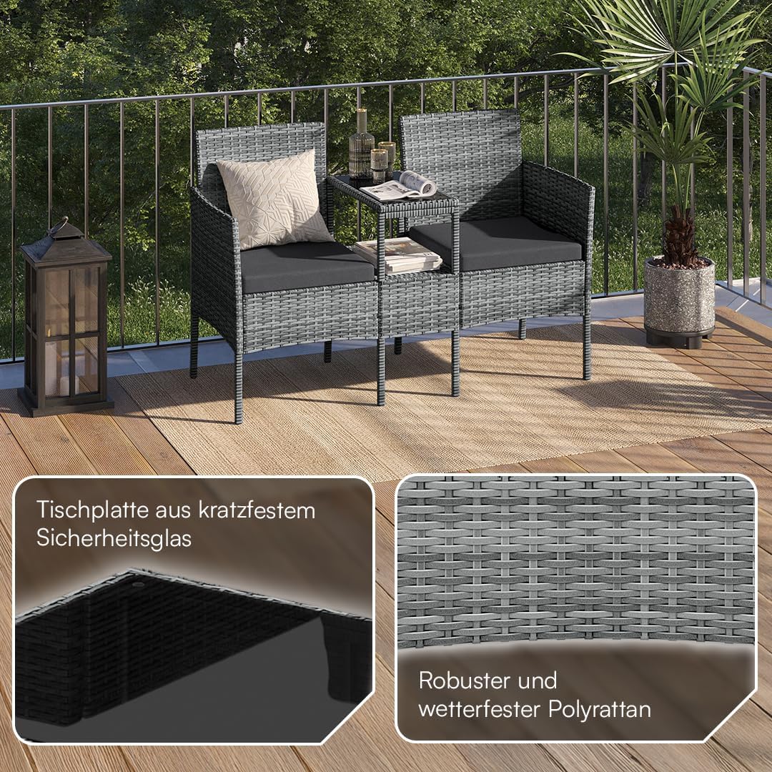 STEELSØN Gartenbank mit Tisch Velara aus Polyrattan, Sitzgruppe für 2 Personen, Balkonmöbel 2er Sofa mit Polster wetterfest, Gartensofa Terrassenmöbel in grau-meliert/anthrazit 81x65x135 cm (HxTxB)