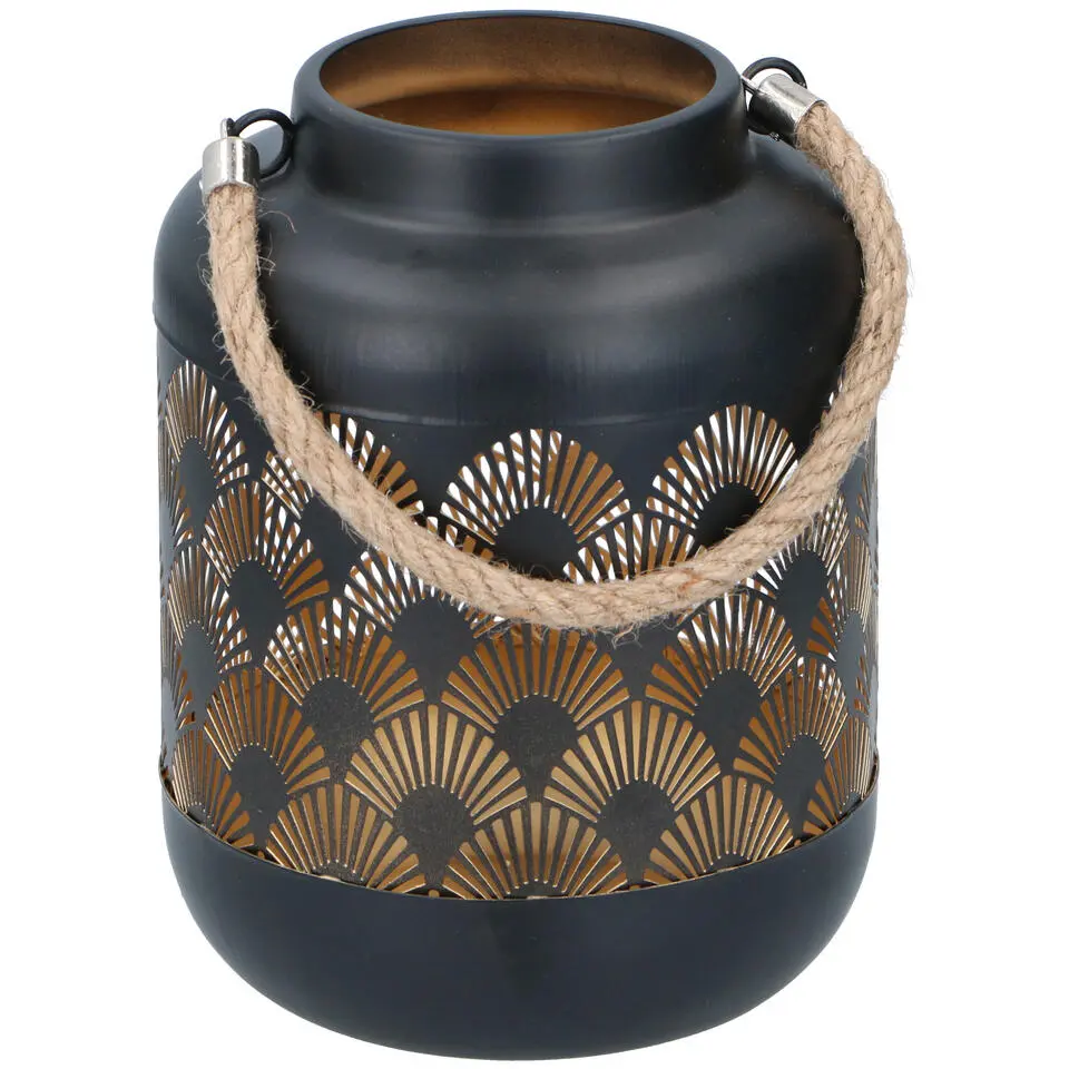 Lantaarn - waaier print - zwart - metaal - windlicht - 17 cm