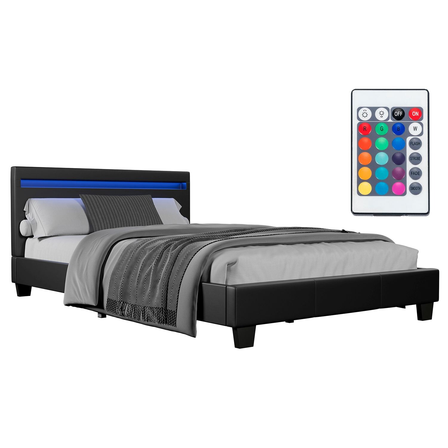 Juskys Polsterbett Verona 120 x 200 cm – Bett mit LED-Beleuchtung, Lattenrost & Kopfteil Schwarz