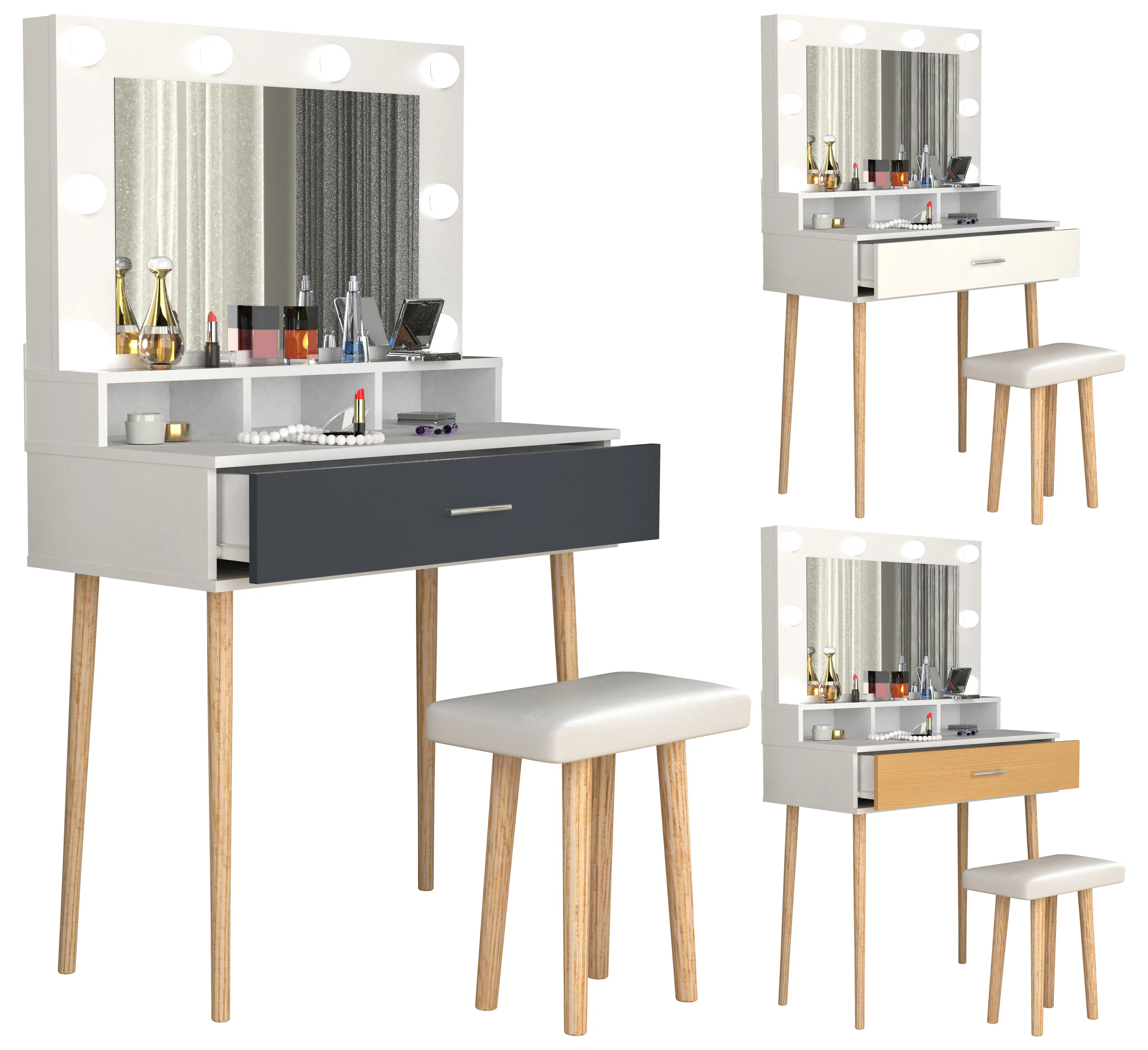 VCM 2 tlg. Schminktisch Hocker Frisiertisch Schminkschrank Kosmetiktisch Spiegel Beleuchtung Schublade Lindas