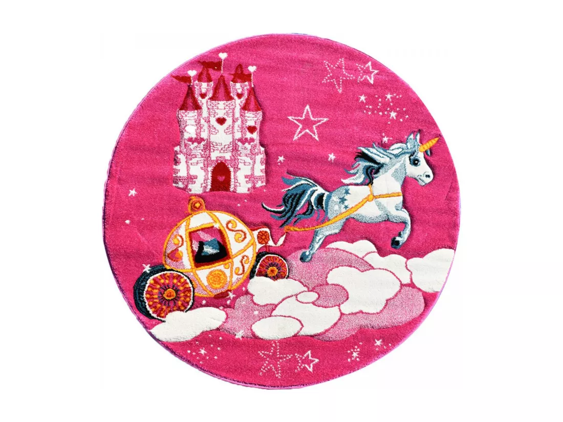 Tapis enfant Ø140cm rond tissé rose motif animaux CHATOLI