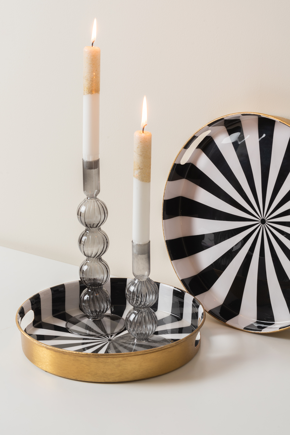 Tray set Candy Swirl enamel black & white, Set of 2pcs