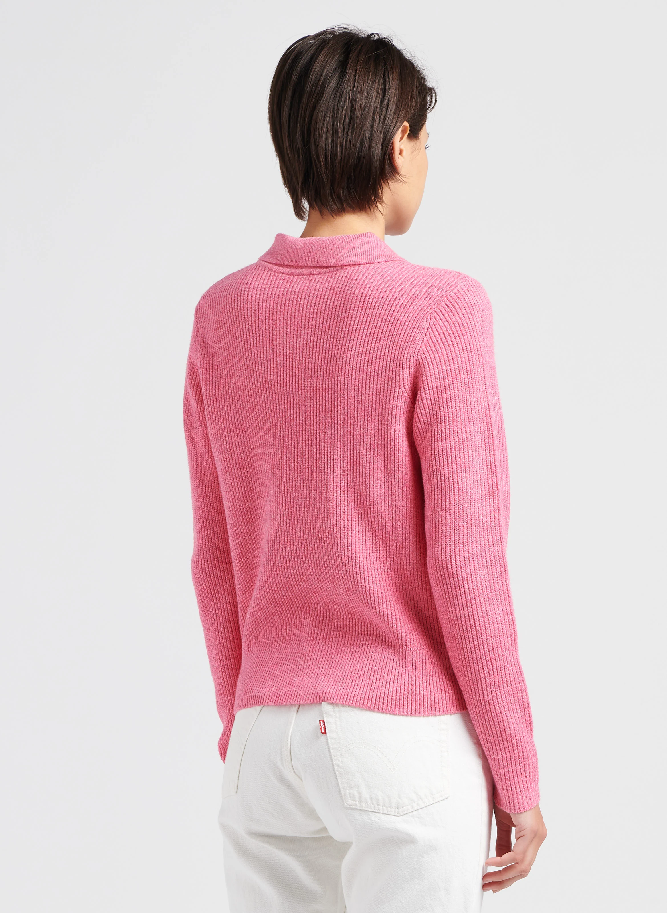 Pull col classique en maille mélangée| Rose