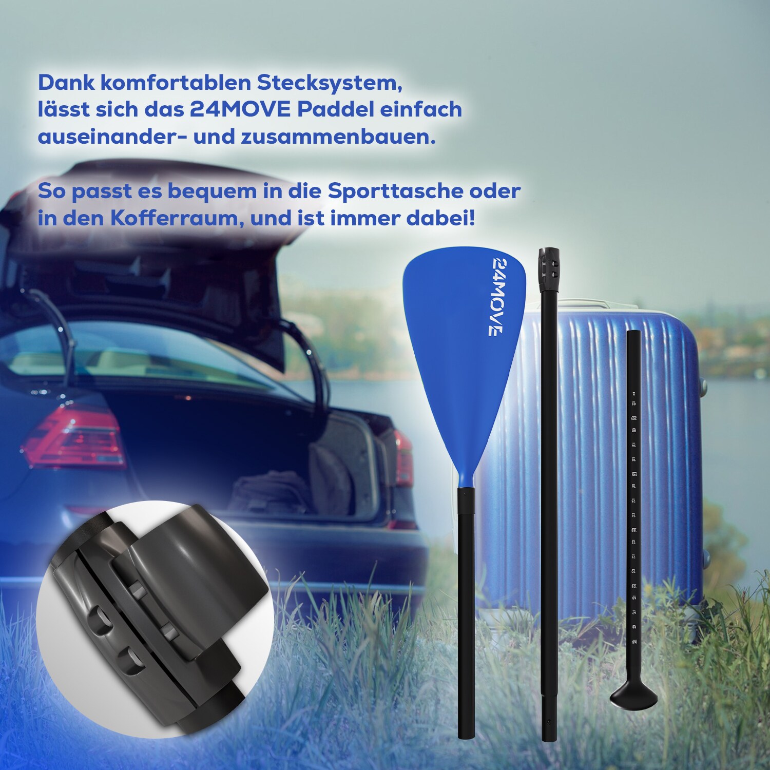 24MOVE® Paddel Einzelpaddel Stechpaddel für SUP Stand Up Board, Kajak, Leicht aus Aluminium 210cm, verstellbar blau