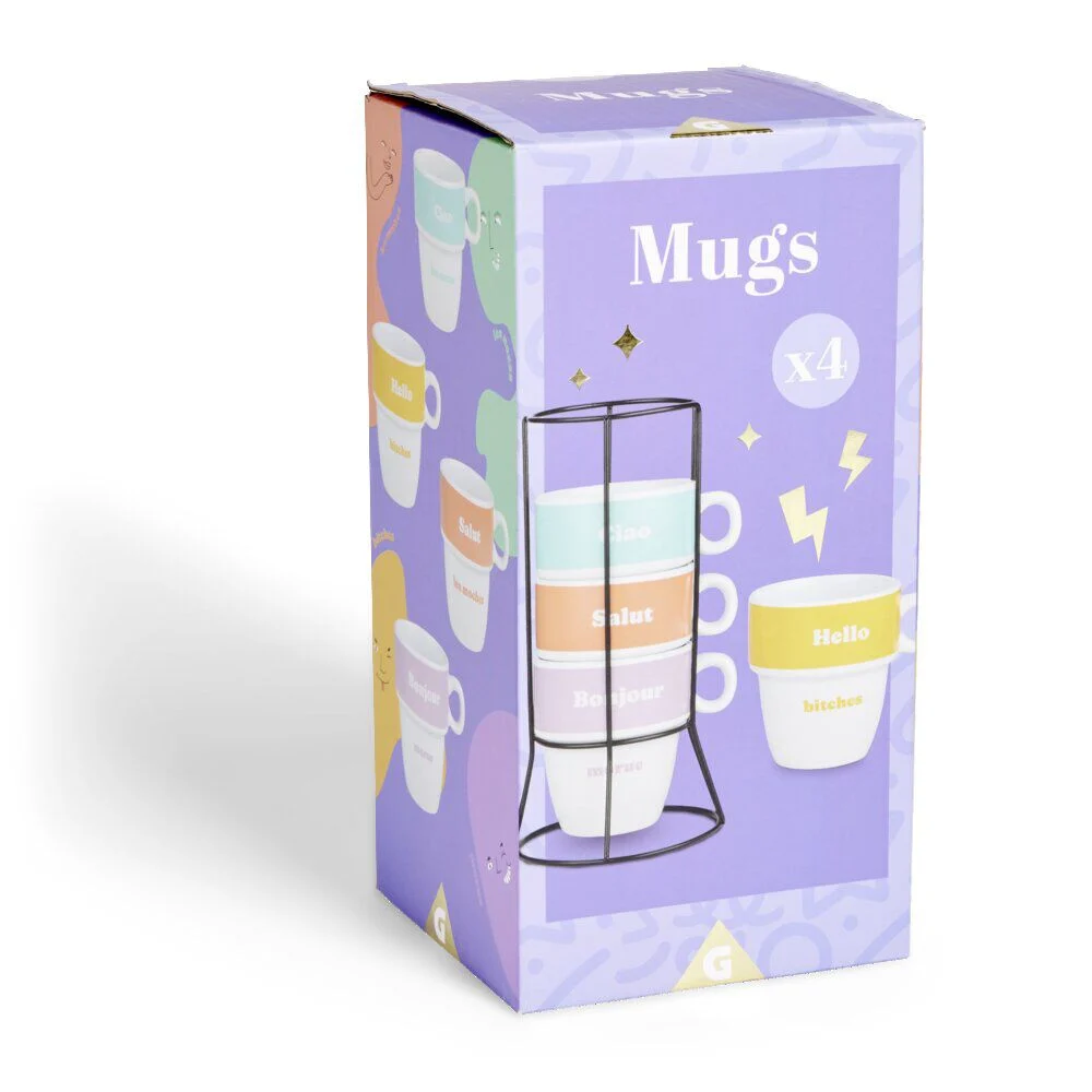 Lot de 4 tasses à café message avec support