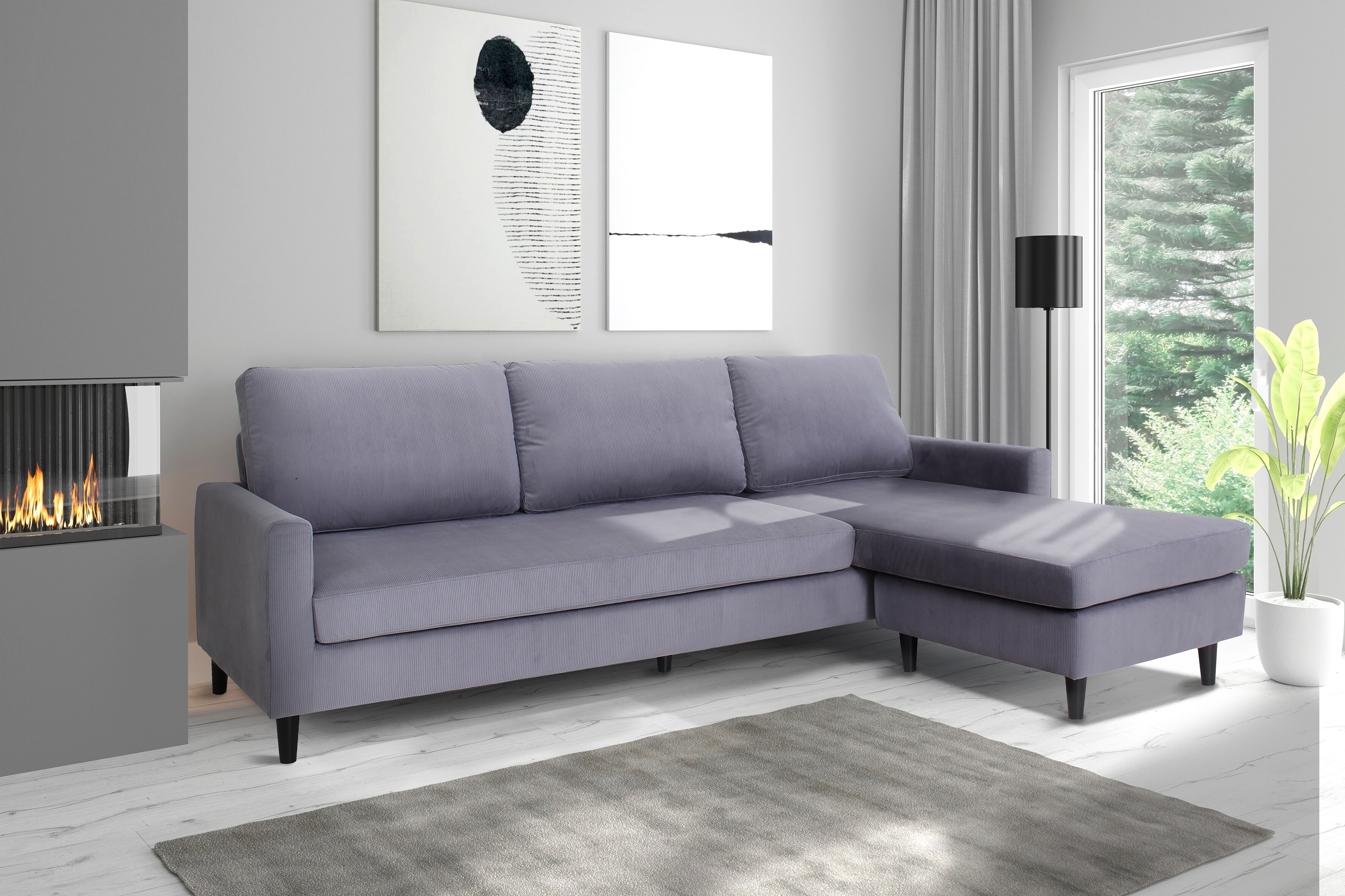 byLIVING Ecksofa ATLANTA, Cordbezug grau, Gestell Rubberwood schwarz, Longchair